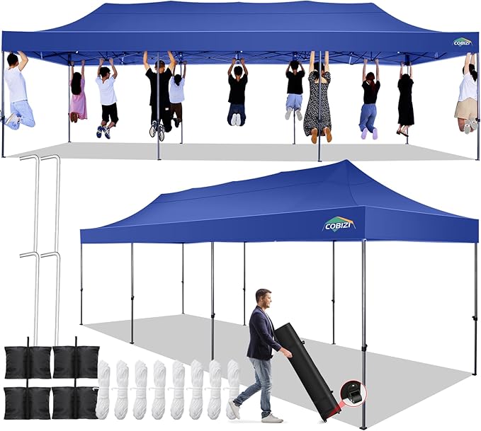 COBIZI 10x30 Pop up Canopy Tent 10x30 Canopy No Sidewall Waterproof Heavy Duty Commercial for Parties Outdoor Garden Gazebo Tent, Carry Bag with Wheel(10x30ft No Sidewalls, Dark Blue)