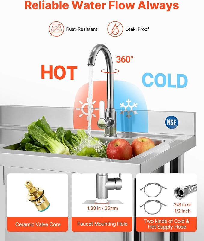 VEVOR Stainless Steel Utility Sink, Free Standing Single Bowl Commercial Kitchen Sink with Drawer, Faucet and Hot & Cold Water Pipe, Utility Basin for Garage Restaurant Laundry, 39.4 x 19.7 x 37 in