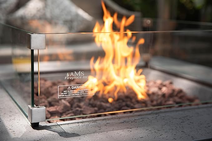 AMS Fireplace | Rectangular Fire Pit Glass Wind Guard for Brooklyn Fire Pit (Dark Gray) | Shielded from Patio Heater Flames | Tempered Glass with Polished Edges for Safety | Fire Table Glass Shield