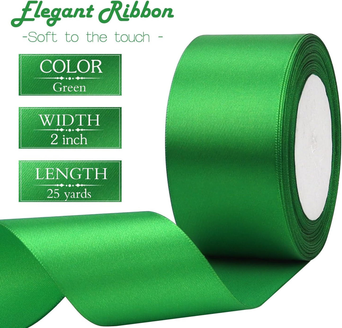 Green Solid Satin Ribbon 2 Inch 25 Yards Solid Polyester Fabric Ribbon for Gift Wrapping Wedding Christmas Baby Shower Birthday Party Decoration Handmade Immortal Flower Craft