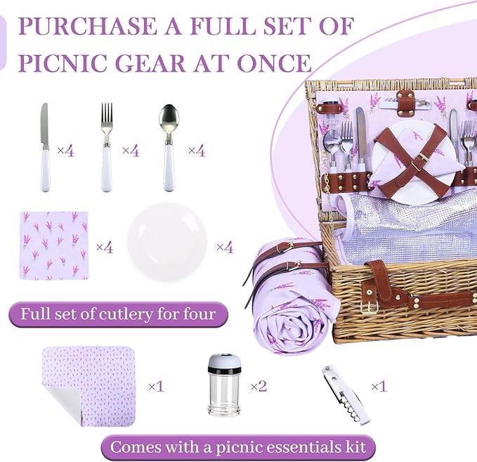 Neti Neti Wicker Picnic Basket for 4 with Insulated Cooler & Waterproof Blanket – Large Willow Picnic Hamper for Outdoor, Camping, Beach, Romantic Dates, Valentine’s Day