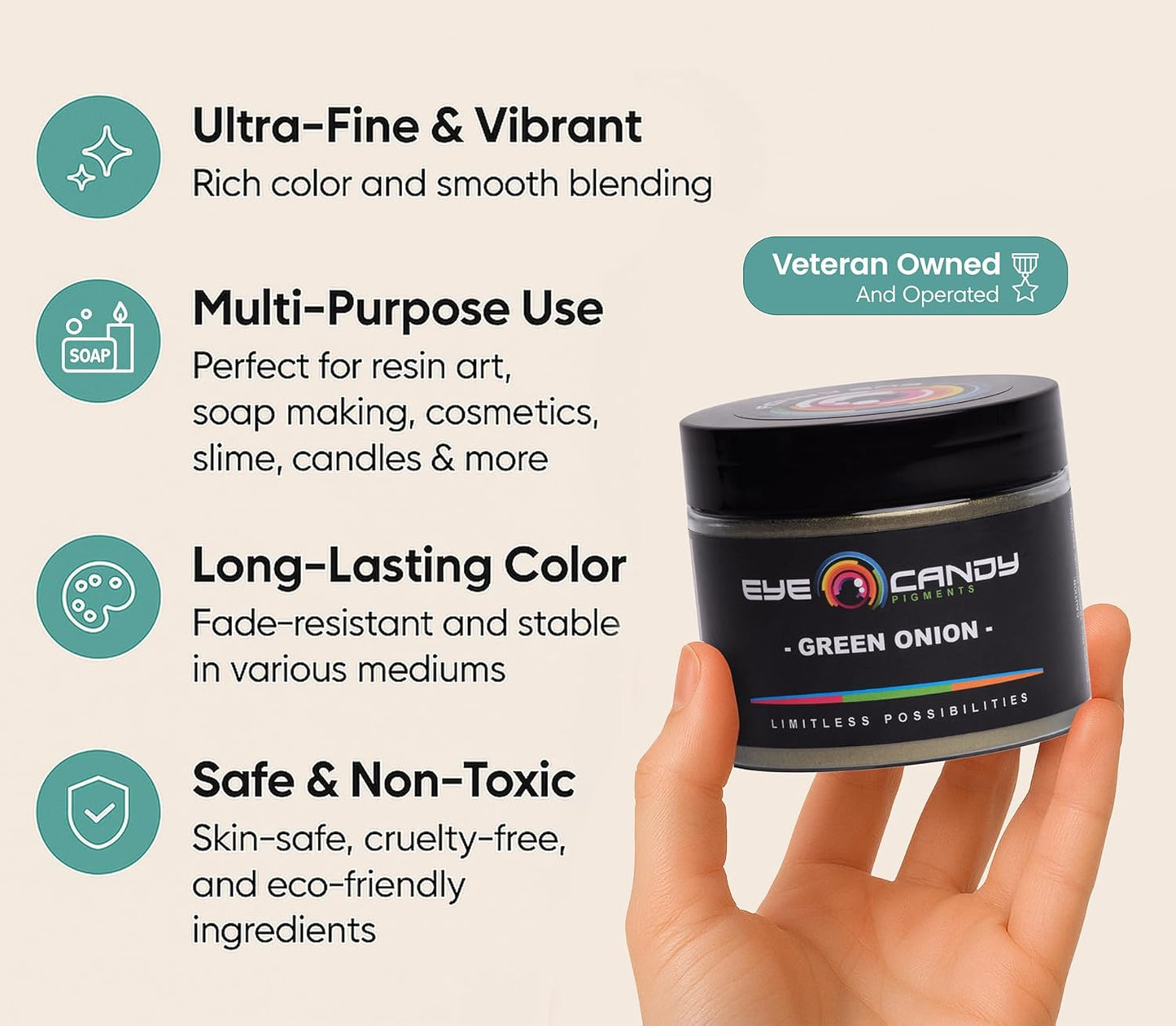 Eye Candy Pigments Premium Green Mica Powder - Green Onion (50gr) - for Epoxy, Resin, Soap, Paint, Woodworking, Acrylic Pouring, Bath Bombs, Fishing Lures - DIY Arts and Crafts Additive