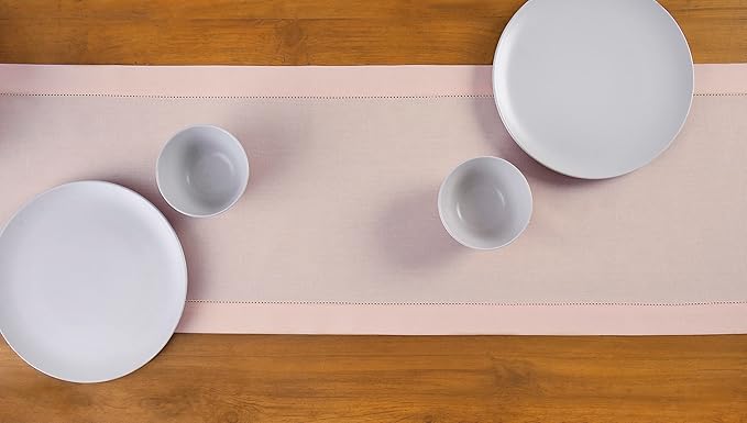Solino Home Pink Table Runner 36 Inches - Cotton Linen Hemstitch Coffee Table Runner 14 x 36 Inch Ideal for Dresser Tables - Valentines, Spring, Easter