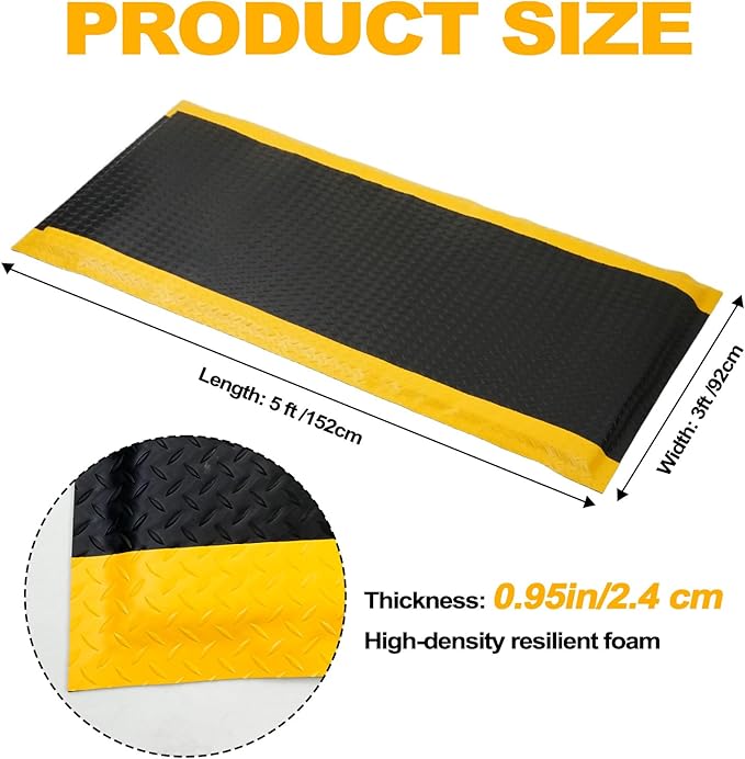 3 x 5 FT Industrial Anti Fatigue Mats, 15/16 Inch Thick Soft Sponge Ergonomic Mat, Nonslip Diamond Plate Work Mat, for Relieving Soreness in The Back and Legs
