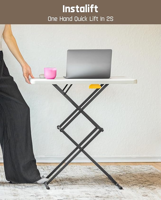 FanttikOutdoor 28 inch Small Folding Table, One-Hand Height Adjustment, 3 Heights, Lowering Lever, Instalift, Portable Side Table for Tv Tray, Dining, Kitchen, No Assembly, Granite White Zeta X1 Apex