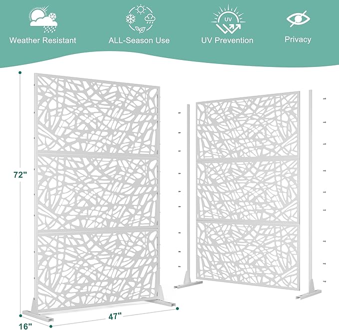 Metal Privacy Screen for Outdoor & Indoor Use, Free Standing Privacy Screen for Patio Garden Pool, 72" H x 47" W Decoative Privacy Panels, Weather Resistant, Easy Assembly (White Net)