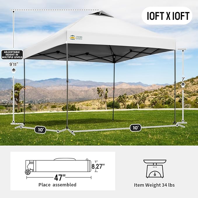 CROWN SHADES Adjustable Height on The Fly, 10x10 Pop Up Canopy - Beach Tent with One Push Setup - Easy Outdoor Sun Shade for Events, Parties, Camping - Outside Shade with STO-N-Go Bag, White