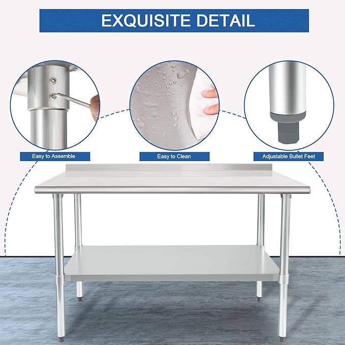 HARDURA Stainless Steel Table Prep & Work Table 24 x 48 Inches NSF Heavy Duty Commercial with Undershelf and Backsplash for Restaurant Kitchen Home and Hotel