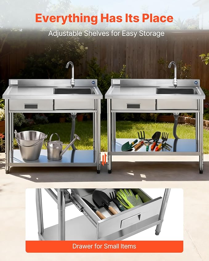 VEVOR Stainless Steel Utility Sink, Free Standing Single Bowl Commercial Kitchen Sink with Drawer, Faucet and Hot & Cold Water Pipe, Utility Basin for Garage Restaurant Laundry, 39.4 x 19.7 x 37 in