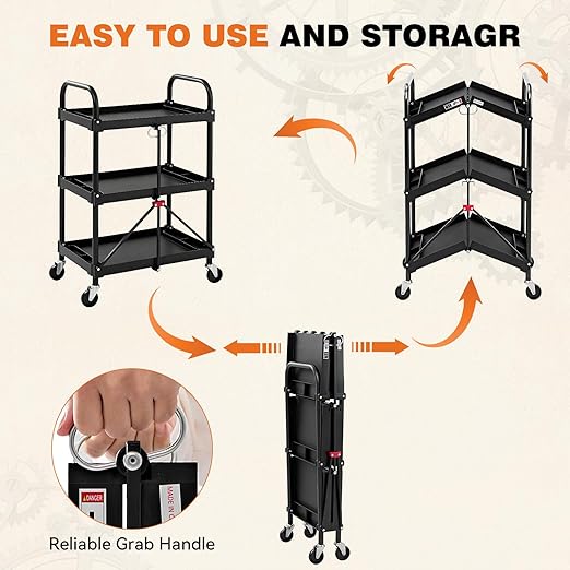 DUMOS 3-Tier Folding Utility Cart, Collapsible Service Cart with 4 Swivel Wheels & Brakes, 120LBS Capacity & Collapsible Storage Rolling Cart for Kitchen, Office, Garden, Garage, Black