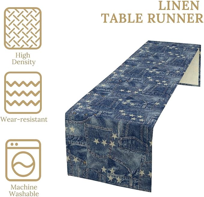 Patchwork Table Runner, Vintage Romance Jeans Pentagram Splicing Print Table Runner for Kitchen Dining Picnic Coffee Home 13x90in
