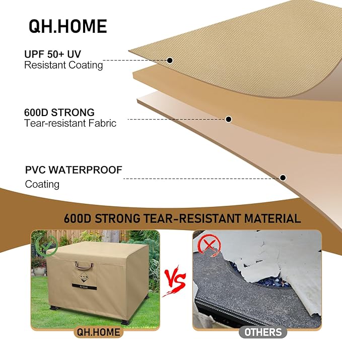738N Max Tension, Gas Fire Pit Cover Square, Fits for 29/30/31/32 Inch, 600D Upgraded Extra Dense Heavy Duty Fabric, Waterproof, Tear Resistant, Outdoor Fire Table Cover, 32''L x 32''W x 24''H -Beige