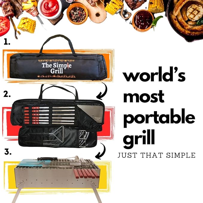The Simple Grill | Stainlees Steel Foldable Charcoal Grill for BBQ | Camping Grill Mangal for Outdoor Cooking and Barbeque| SKEWERS AND ACCESSORIES INCLUDED