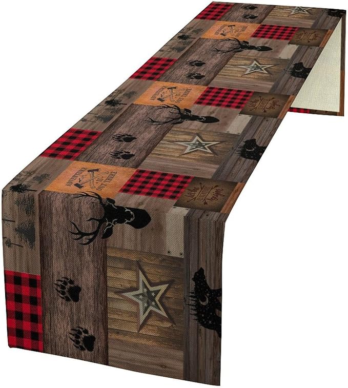 Vintage Bear Deer Table Runner, Rustic Western Farmhouse Hunting Theme Wildlife Animal Checkered Table Runner for Outdoor Dining Kitchen Camping Party 13x90in