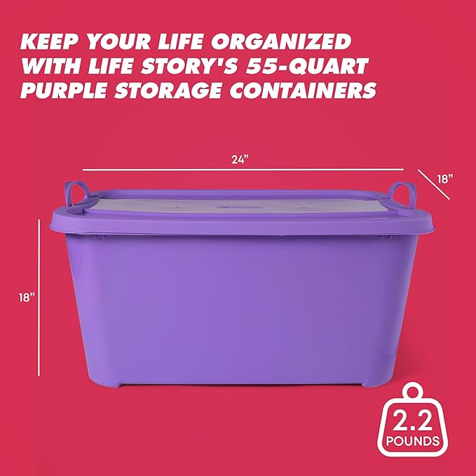 Life Story 6 Pack Light Duty Stackable Storage Bin, 55 Quart Home Organizer, Versatile Lightweight Locking Bins with Carrying Handles, Purple