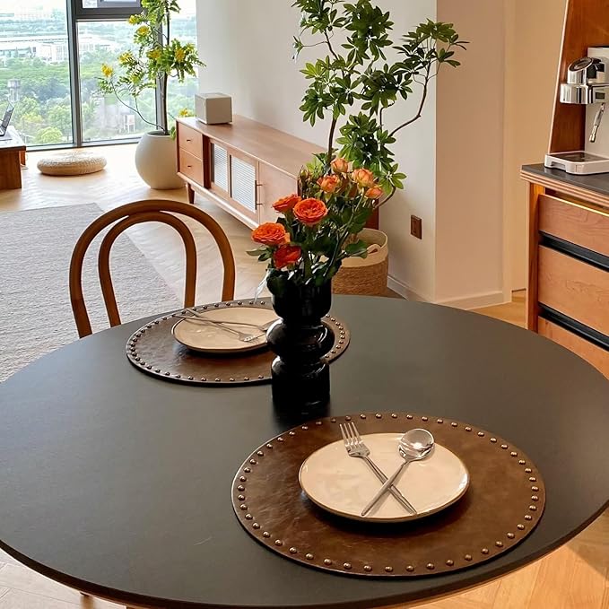Round Placemats Set of 4, Waterproof Oilproof PU Place Mats, Heat Resistant Anti-Slip Faux Leather Table Mats for Indoor & Outdoor Use, Dark Brown