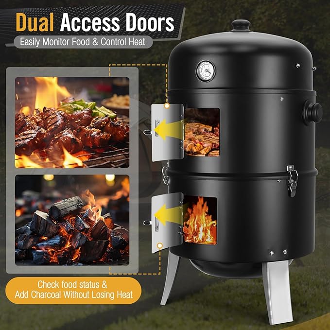 BBQ Charcoal Smoker for Meat: 16 Inch Heavy Duty 4 In 1 BBQ Charcoal Grills - Vertical Barbecue Smokers Grill Combo for Outdoor Cooking Patio Backyard Picnic Party Grilling