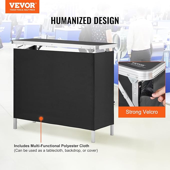 VEVOR Folding Portable Bar Table, Tradeshow Podium Table for Indoor, Outdoor, Party, Picnic, Exhibition, Includes Carrying Case, Storage Shelf and Black Skirt, 38.39" x 15.16" x 34.25"