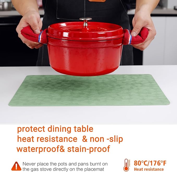 Vinyl Placemats Set of 6 Heat Resistant Easy Clean Non-Slip Place Mats for Dining Table. Faux Leather Waterproof Stain Resistant Wipeable Washable PU Table Mats(6, Green)