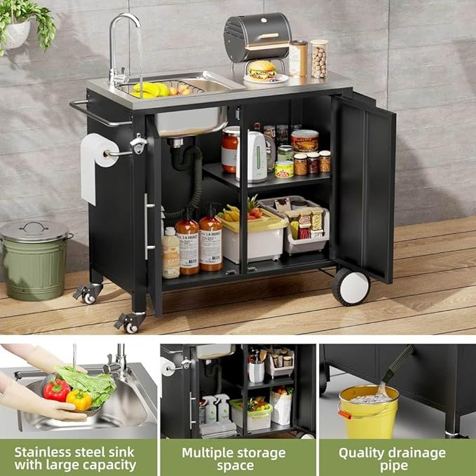 Outdoor Grill Cart with Storage, Movable Prep Cart with 304 Stainless Steel Sink and Wheels 3-Shelf Outdoor Kitchen Prep Table Pizza Oven Stand,BBQ Cart (38" x 18" x 35")