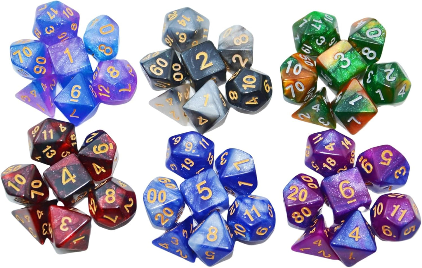 SmartDealsPro 6 x 7 Sets (42 pcs) Glitter Polyhedral Dice Sets with Pouches for DND RPG MTG Dungeon and Dragons Table Board Roll Playing Games D4 D8 D10 D12 D20 (Color 2)