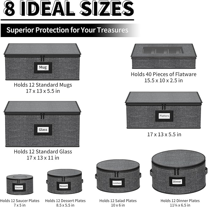 Aokeyee China Storage Containers Hard Shell 8 Piece, Mug, Wine Glass, Utensils, Plate Storage Containers w/Lid, Soft Dividers Felt Pads, Handles, Stackable Storage Organizer for Moving, Party, Grey