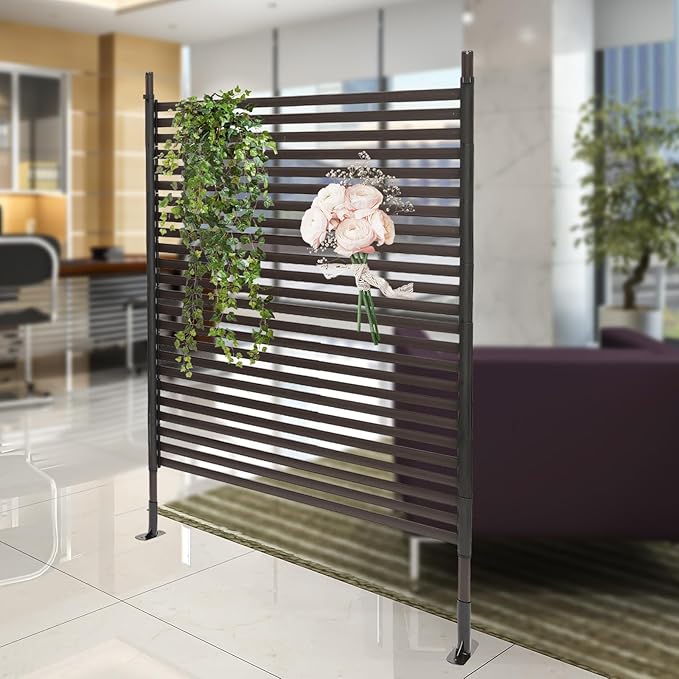 Outdoor Freestanding Privacy Screen, 43" W x 59" H Metal Slatted Decorative Panel With Stand, Brown Backyard Screen for Garden Patio