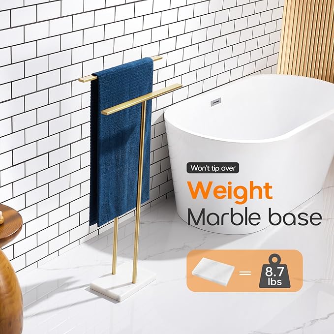 Standing Towel Rack for Bathroom 2-Tier Towel Holder Free Stand with Heavy Marble Base Gold Thicken Steady Design Stainless Steel AN7001GD