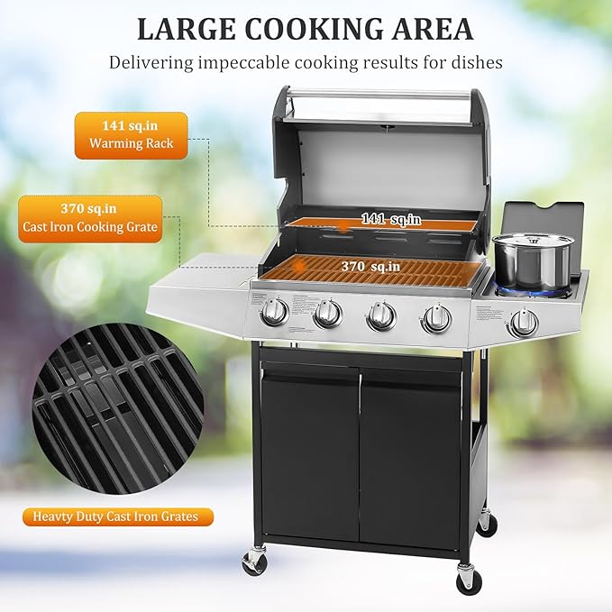 Unovivy 4-Burner Propane Gas BBQ Grill with Side Burner & Porcelain-Enameled Cast Iron Grates Built-in Thermometer, 49,000 BTU Outdoor Cooking, Patio, Garden Barbecue Grill, Black and Silver