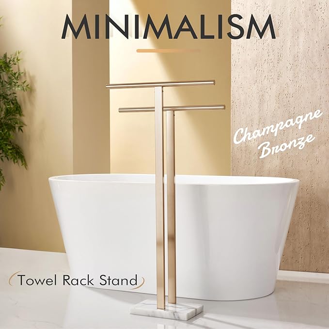 KOKOSIRI Standing Towel Rack for Bathroom Floor 2-Tier Towel Holder Free Stand with Heavy Marble Base Thicken Steady Champagne Bronze Stainless Steel THS0005-CPG