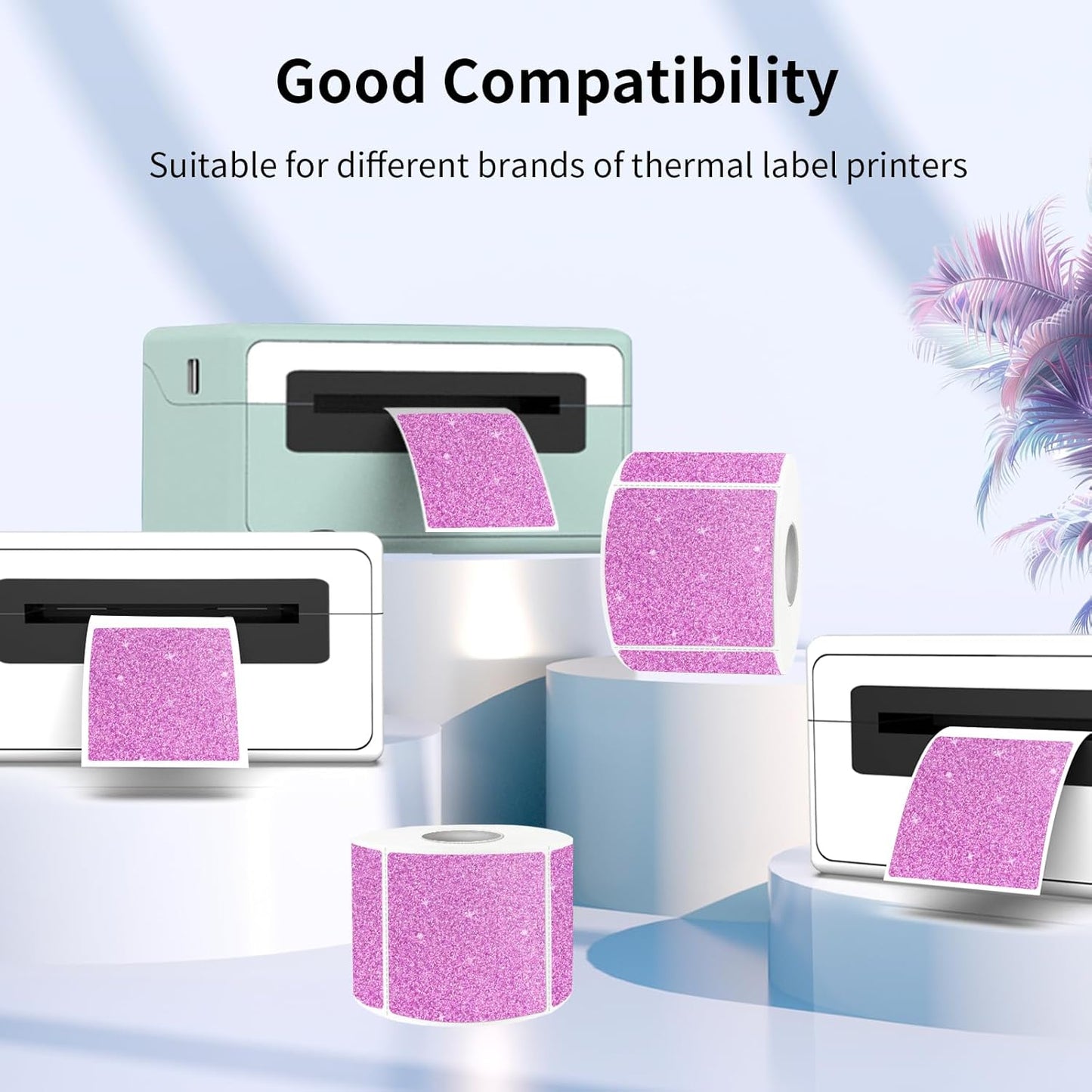 Square Thermal Labels Stickers 2" x 2", Holographic Thermal Stickers Labels, Waterproof Glitter Direct Thermal Printer Label for Small Business- Holographic Pink