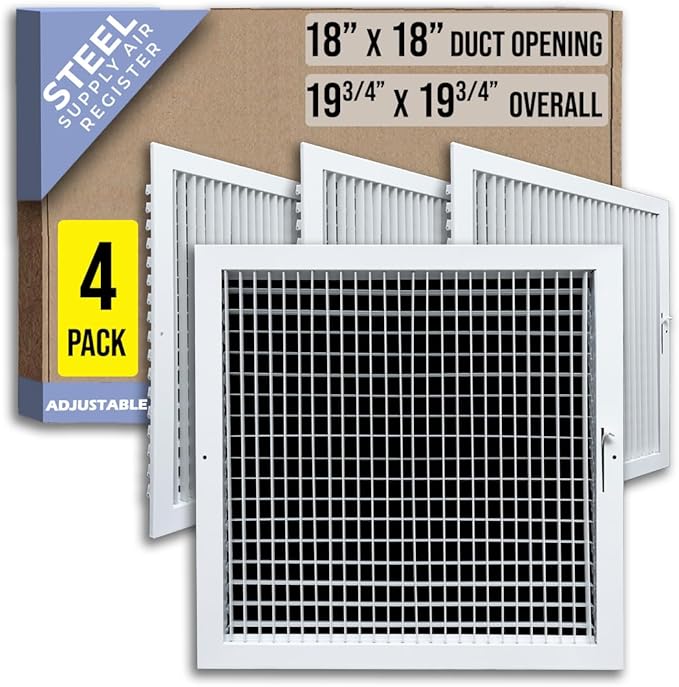 [4 Pack] Fits 18x18 Duct Opening Steel Adjustable Air Supply Grille by Handua | Register Vent Cover Grill for Sidewall and Ceiling | White | Out. Dim.: 19.75" X 19.75"