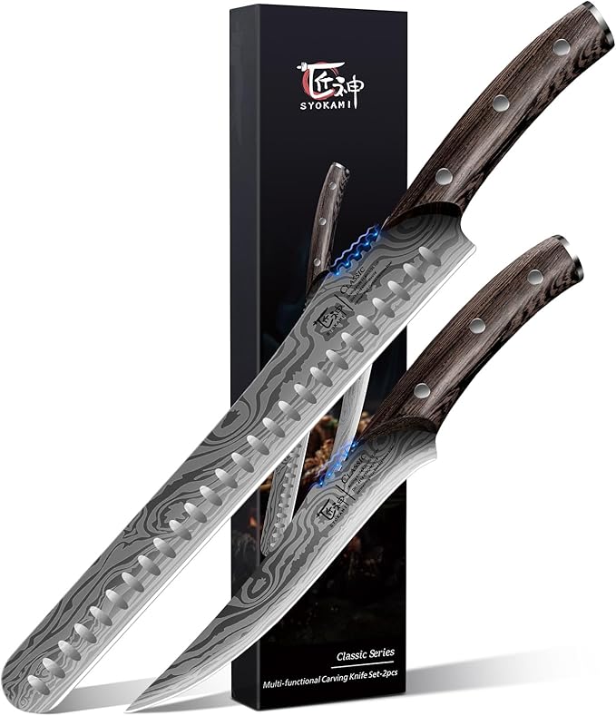 Brisket Slicing Knife Set, Carving and Boning Knife for Meat & Turkey Cutting, Japanese Style High Carbon Steel Kitchen Knives Set For Home & BBQ, Wood Ergonomic Full Tang Handle, Christmas gift