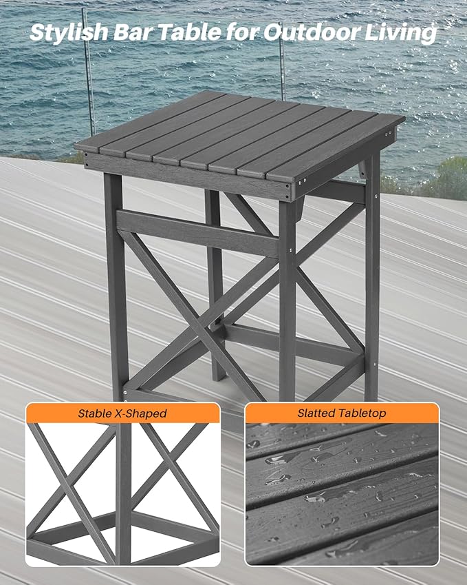 HDPE Outdoor Bar Table, 41" Adirondack Outdoor Bar Height Table, All Weather HDPE Patio High Top Pub Table, Square HDPE Patio Bar Tables for Balcony, Deck, Backyard, Poolside, Smoke Gray