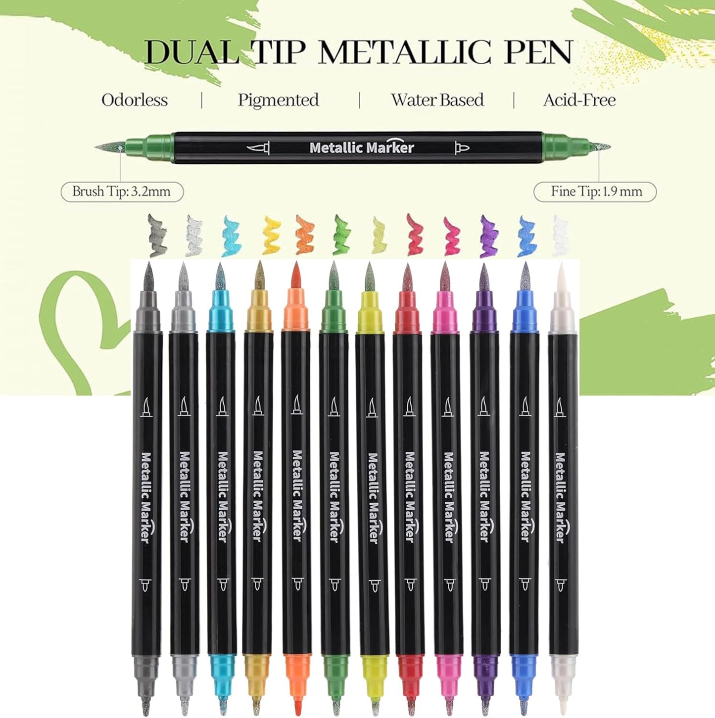 Colourcolor Pack of 12 Metallic Marker Pens - Dual Tip Brush & Fine Point Pens for DIY Album, Black Cards, Rock Painting, Card Making, Scrapbooking, Fabric, Metal, Ceramics, Wine Glass