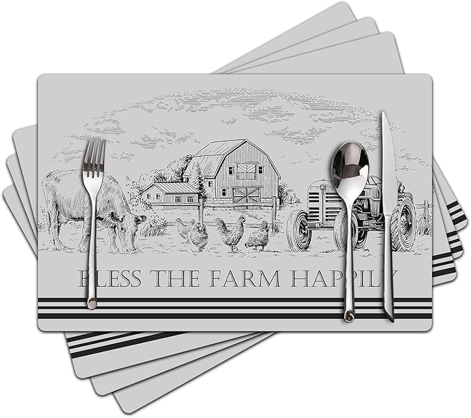 Farm Placemats Set of 4 - Farmhouse Heat Resistant Placemats for Dinner Table, Non-Slip Waterproof Oil-Proof Washable Reusable Placemat for Indoor Outdoor Kitchen Decor, 15.75In*11.81In