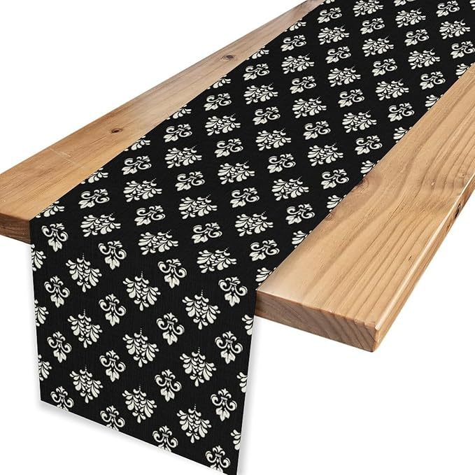 Damask Table Runner, Antique Gothic Black Floral Boho Flower Pattern Rustic Vintage Retro Coffee Table Center Decor for Kitchen and Dining Outdoor Home Country Party Table Decorations, 13"x36"