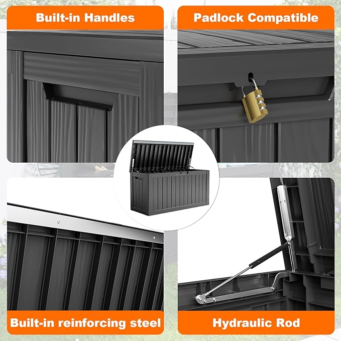 EasyUp 80 Gallon Resin Deck Box Storage Outdoor Waterproof Boxes Lockable UV Resistant Container for Patio Furniture Cushions Pool Supplies Garden Tool, Equipment Outside Storage Delivery, Black