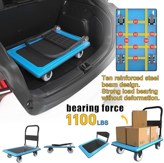 WUD Push Cart, Folding Mobile Platform Trolley,Thickened and Reinforced, 360° Swivel Wheels,35.4 “L x 23.6 ”W, 1100 lb. Blue Dolly cart with Wheels