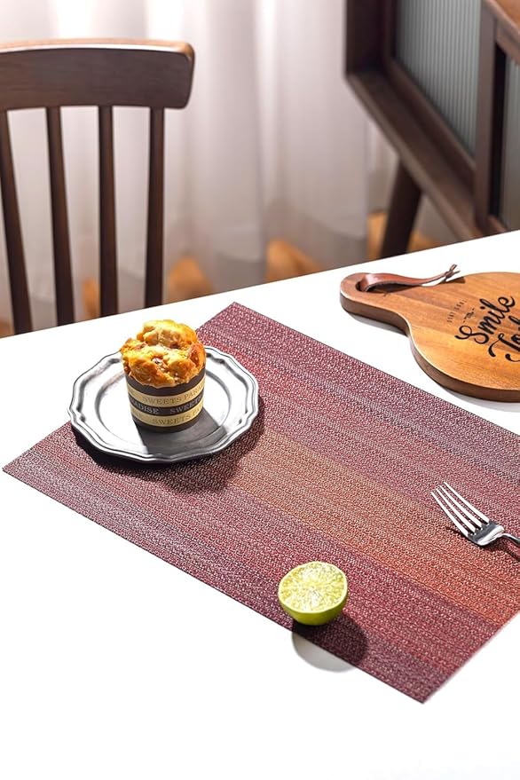 LEXMORE PlaceMats Set of 12 Vinyl/Plastic Woven Place Mats for Kitchen Table Indoor/Outdoor Washable PlaceMat Wipeable Dining Table Mats(Pomegranate Parade)