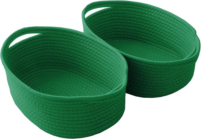 Woven Basket,Small Rope Storage Bin with Handles & Ribbon Bag, Organizer for Shelves Closets,Gift Basket Empty for Birthday,Books,Dog Toys, Green/2 Pack
