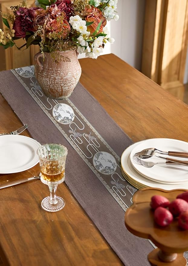 Embroidered Tassel Table Runner Chinese Style Landscape Painting Waterproof Cotton Linen Holiday Kitchen Dining Table Decoration for Home Party Decor 13x72 Inch (Brown)