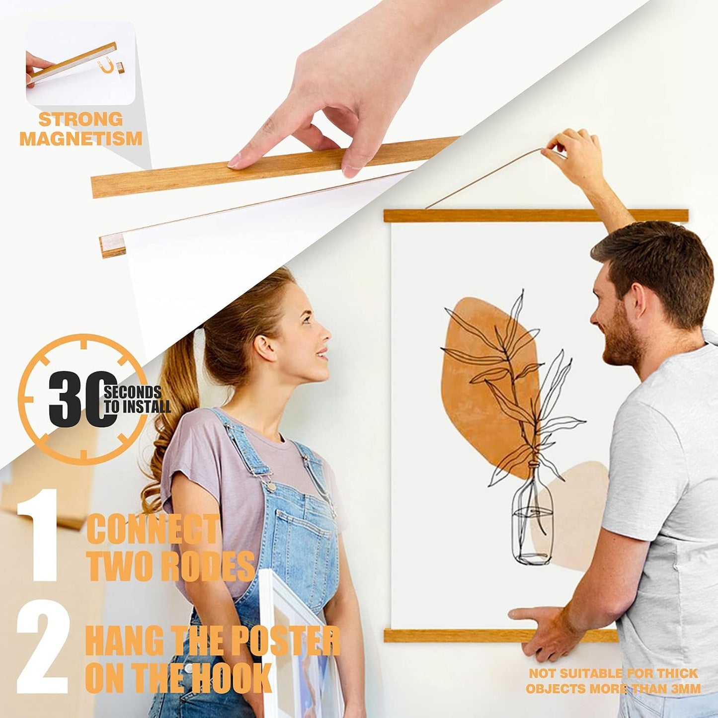 Ywlake Magnetic Poster Hanger, 20x28 20 x 30 20x24 Poster Frame Wood Wooden Magnet Print Posters Dowel Scroll Hanger Hangers Hanging Kit for Walls Map Canvas Artwork (Teak Wood,20")