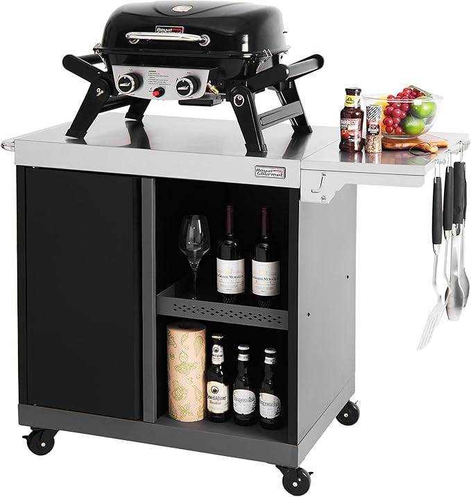 Royal Gourmet PC3201S Movable Grill Cart, 43" L x 24" W Stainless Steel Countertop, Storage Cabinet with Single-Door, Foldable Side Shelf, Tool Hooks & Inner Shelves, for Indoor & Outdoor Use, Black
