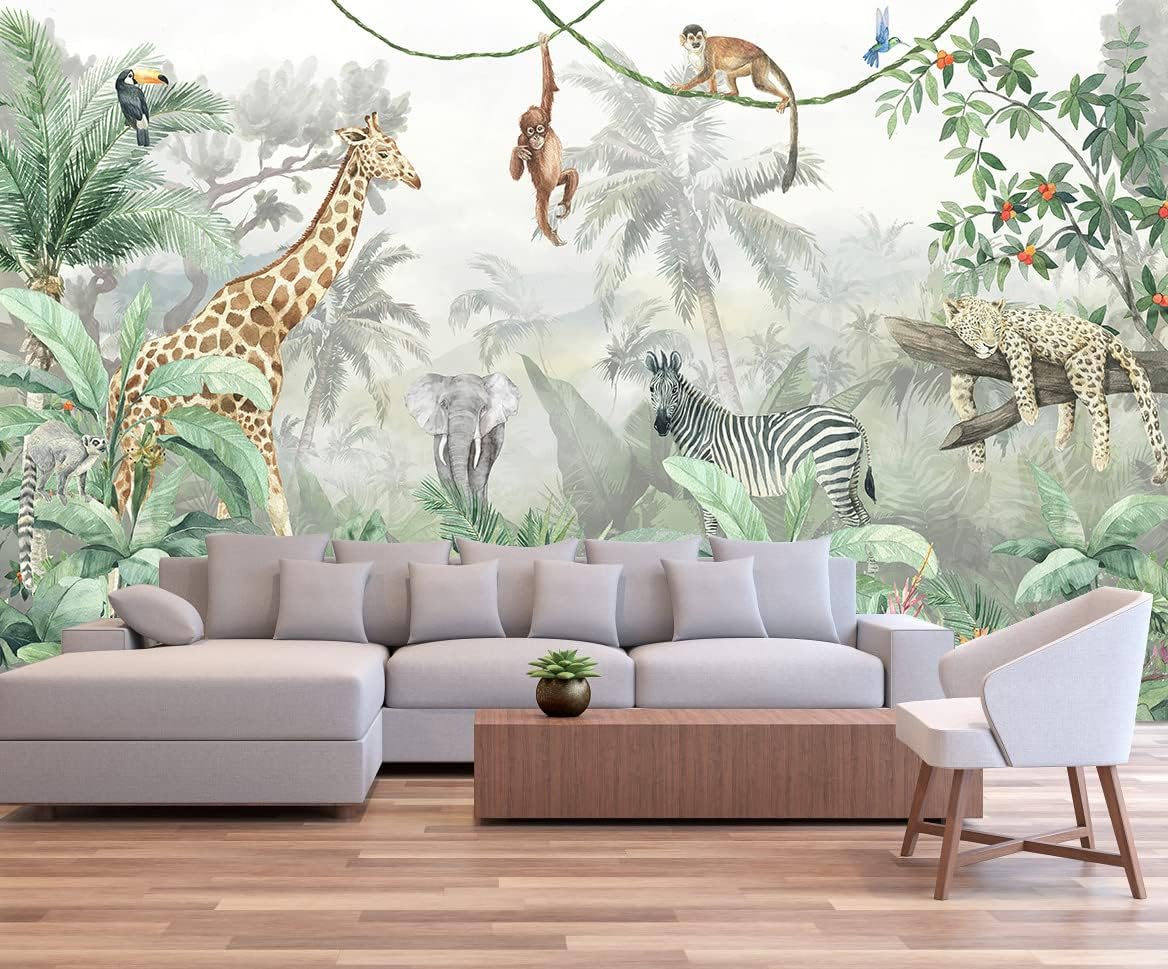 Kids Wallpaper Tropical Leves and Safari Animals Wall Mural for Wall Bedroom Living Room TV Background Sofa Wall（Not Peel and Stick）
