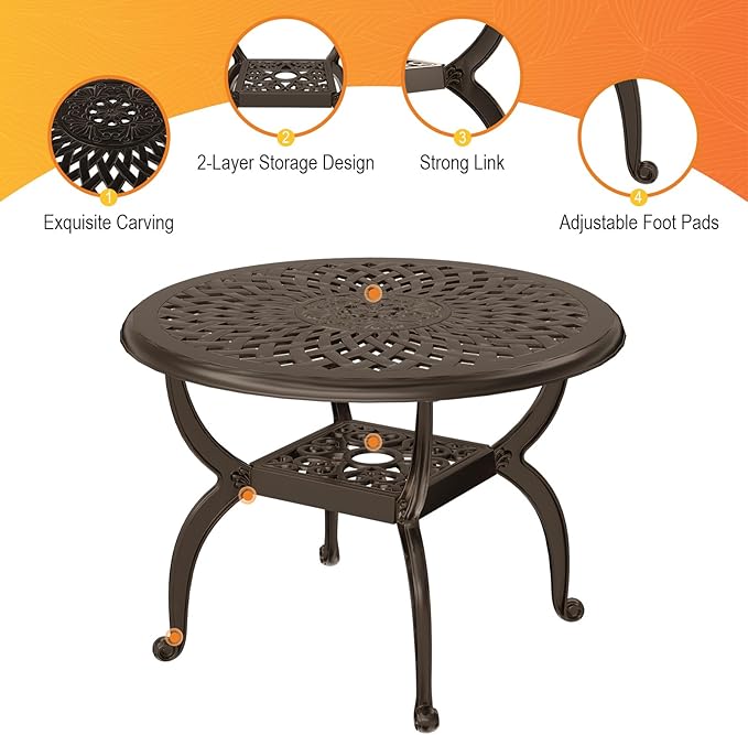 Cast Aluminum Outdoor Side Table, All Weather Round Bistro Table, Outdoor Coffee Table, Small End Table for Patio, Indoor, Lawn, Garden, Bronze