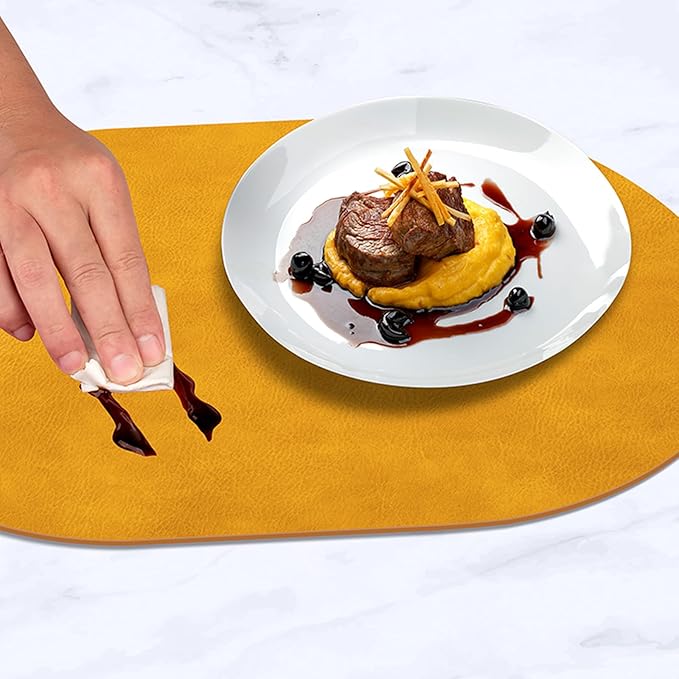 ADRIMER Placemats, Heat Resistant Oval Placemats Set of 6 Washable 12 x 17 Inch, Waterproof Table Mats, Wipeable Pu Place Mats for Kitchen, Dining Room, Yellow
