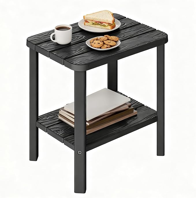 Adirondack Square Outdoor Side Table, 2-Tier Small Outdoor Table for Patio, HDPE End Table for Backyard, Pool, Lawn, Indoor Companion, Easy Maintenance & Weather Resistant(Black)