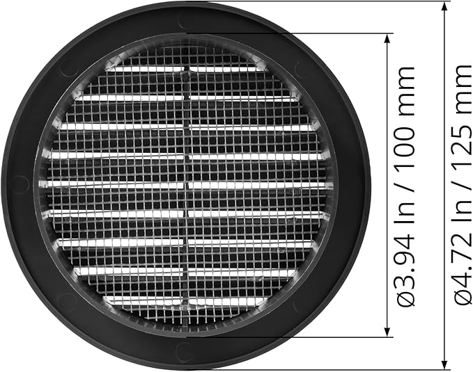 Black 4" Inch Round Ventilation Grille with Insect mesh. (Duct 4Ø / Grille 5Ø) Ventilation Applications. Indoor and Outdoor Vent Cover. Available 3 Sizes / 4 Colors.