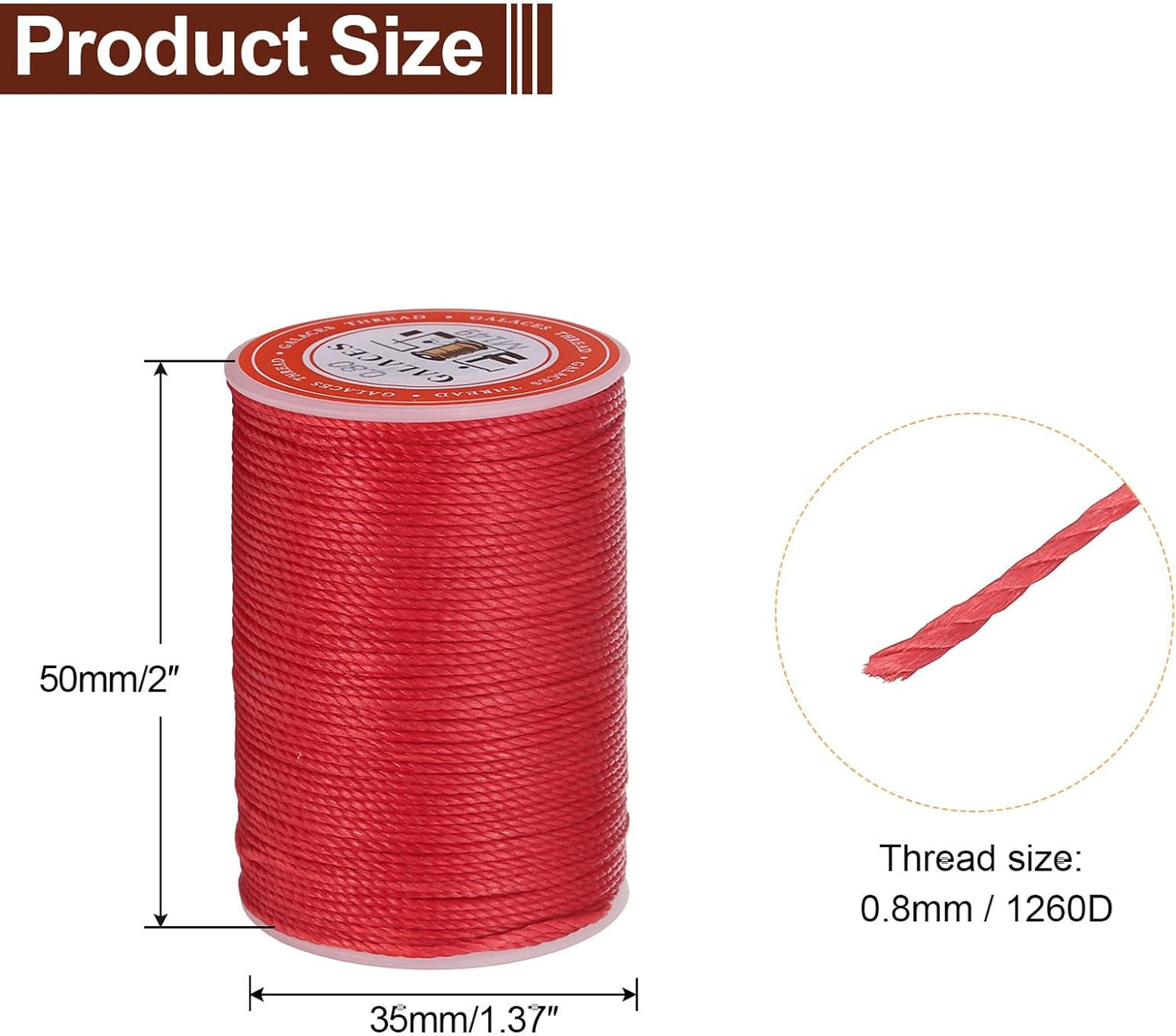 uxcell Round Leather Sewing Waxed Thread, 55m / 60 Yards Wax Polyester String, 0.8mm Waxed Stitching Cord for Leather Crafts, Bookbinding, Bracelets Braided, Red